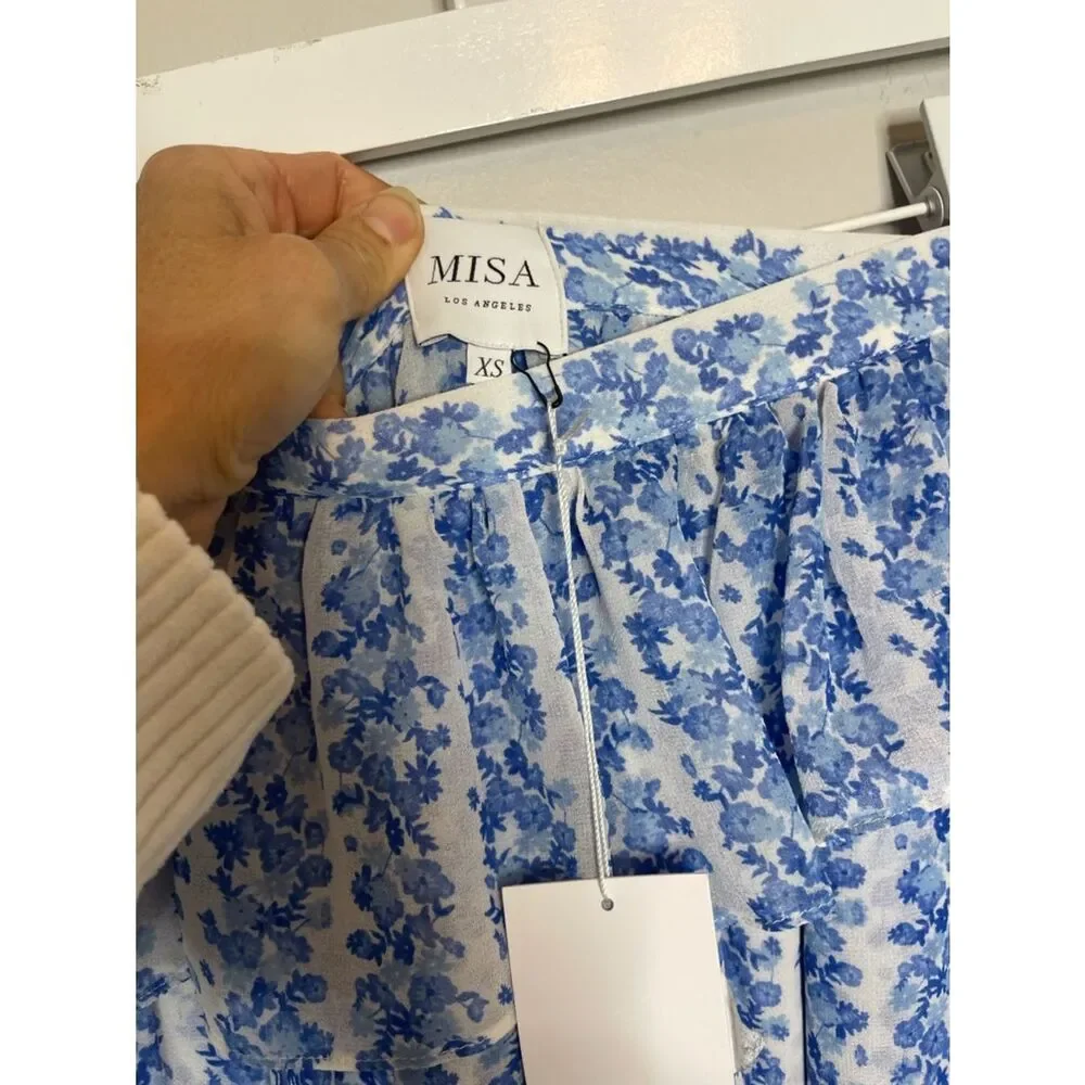 $275 Misa Asymmetrical tired maxi skirt in blue floral print NWT XS